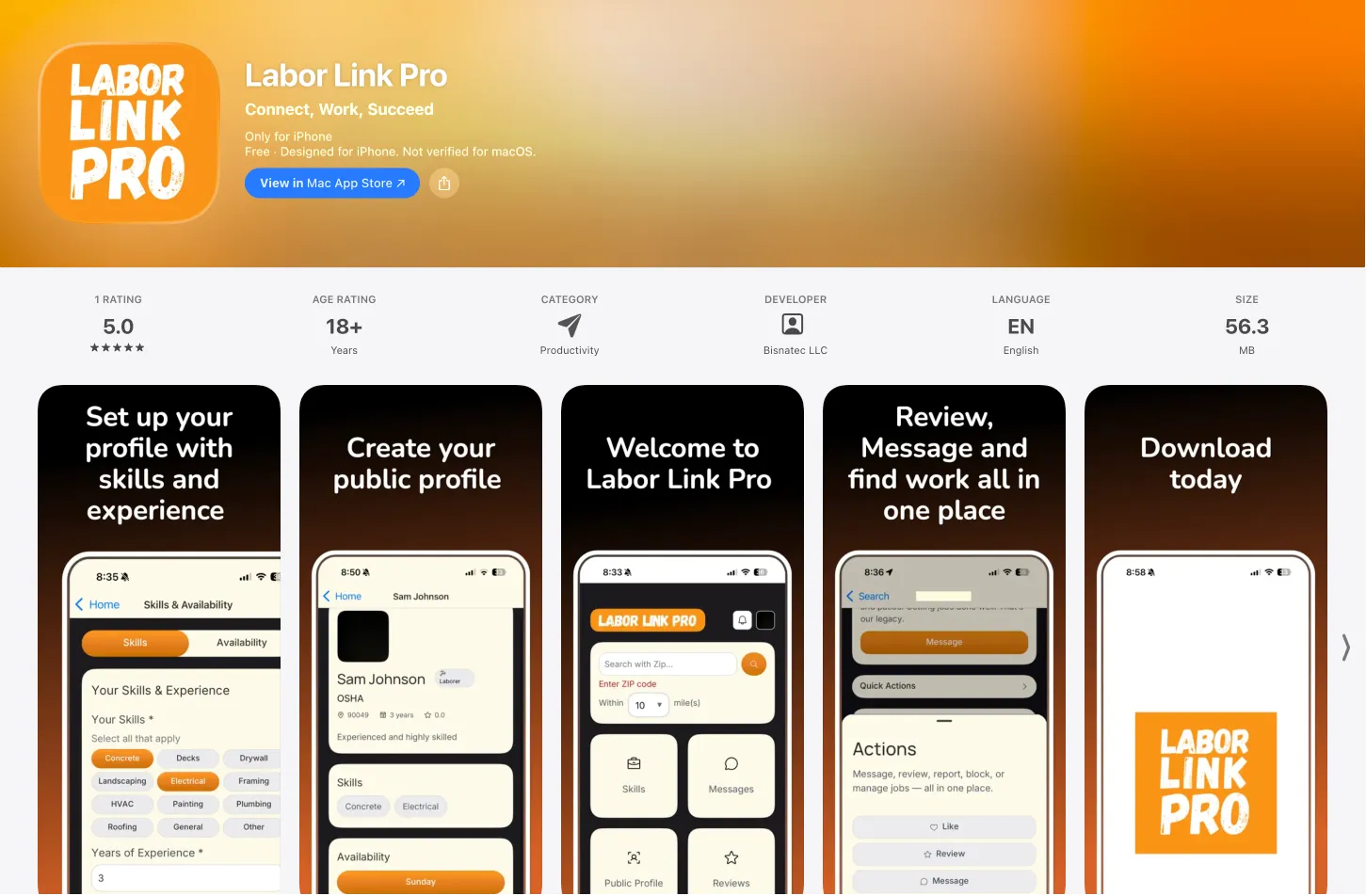 The Labor Link Pro App Store listing: a 5.0 rating, Productivity category, and five preview screens covering profile setup, the public profile, the home screen, reviewing and messaging, and a download prompt.