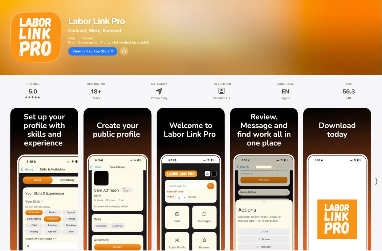 The Labor Link Pro App Store listing: a 5.0 rating, Productivity category, and five preview screens covering profile setup, the public profile, the home screen, reviewing and messaging, and a download prompt.